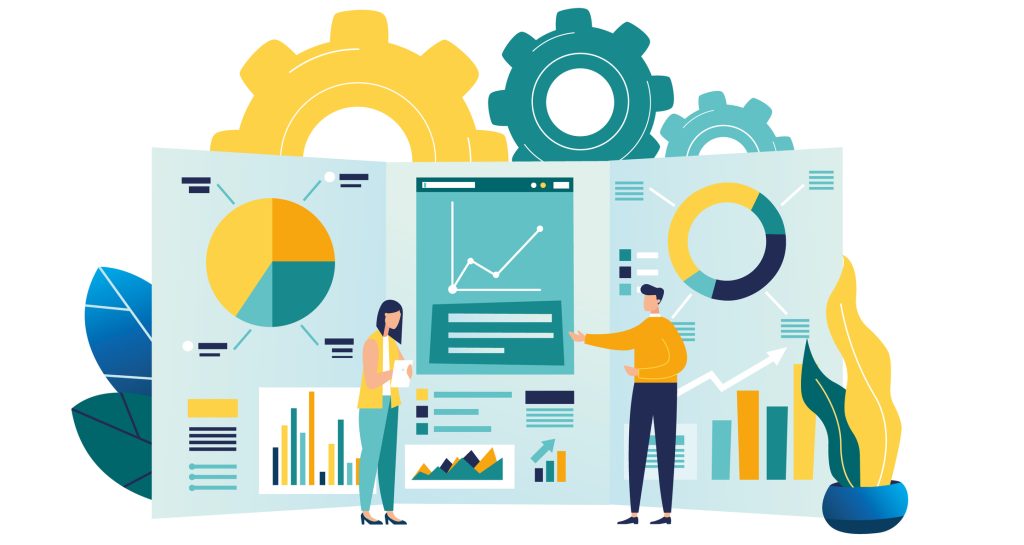 Graphic design of office workers are studying a basic analytical graph.